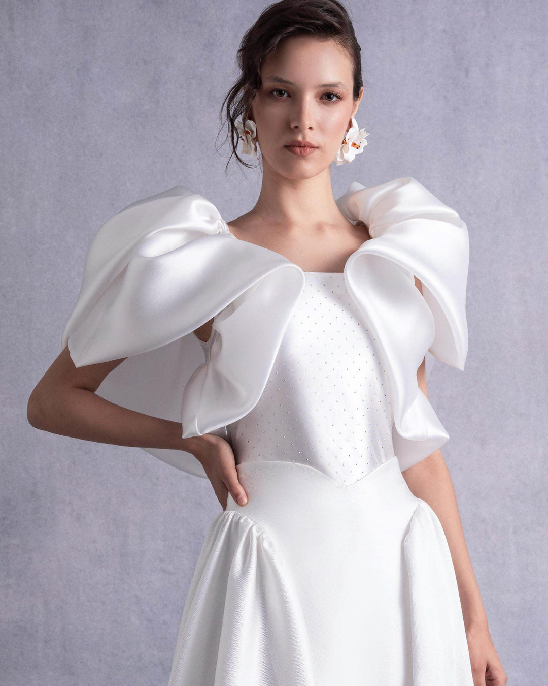 Crystal-Dotted Jersey Body with Petal-like Organza Shoulders (top)
