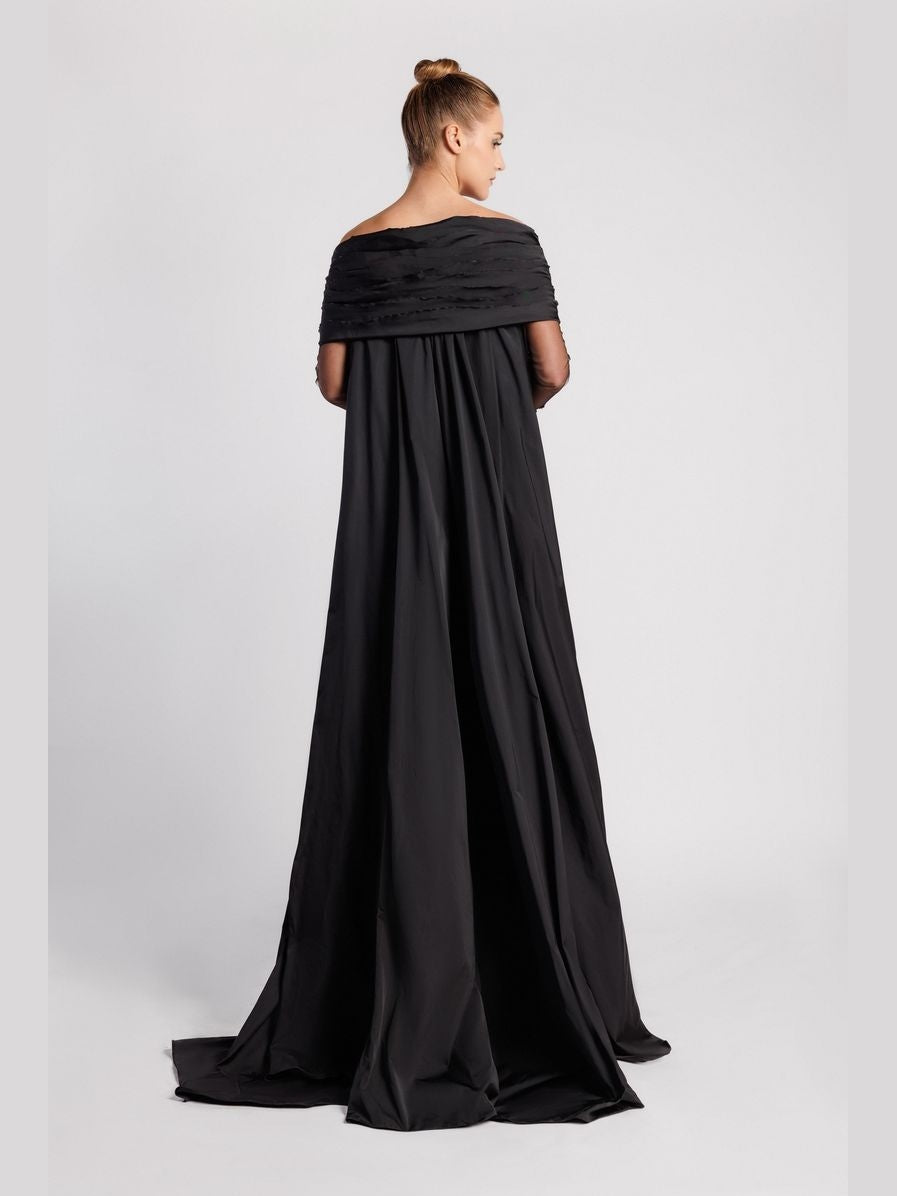 Off-the-Shoulder Evening Dress with Sequin-Embroidered Sleeves
