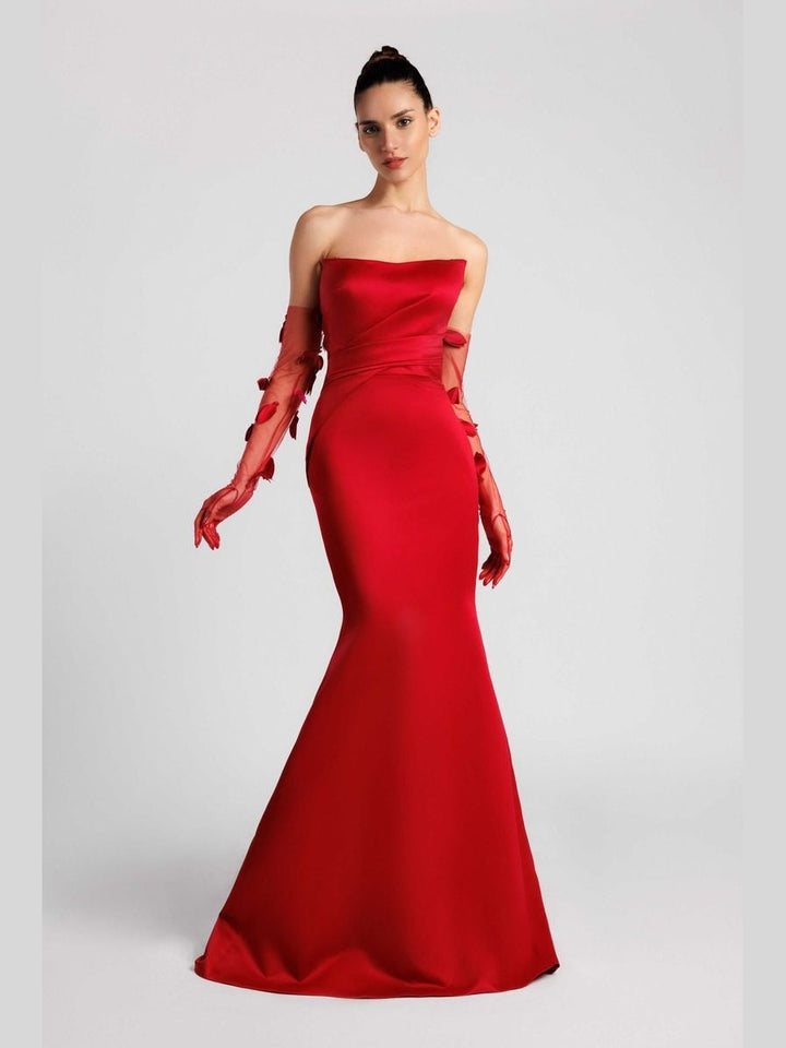 Strapless Mermaid Evening Dress with Draped Petal Kaftan and Tulle Gloves