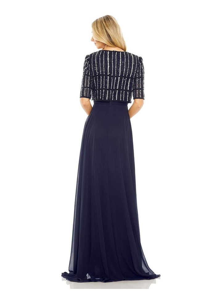 Chiffon Gown w/ Fully Beaded 3/4 Sleeve Top