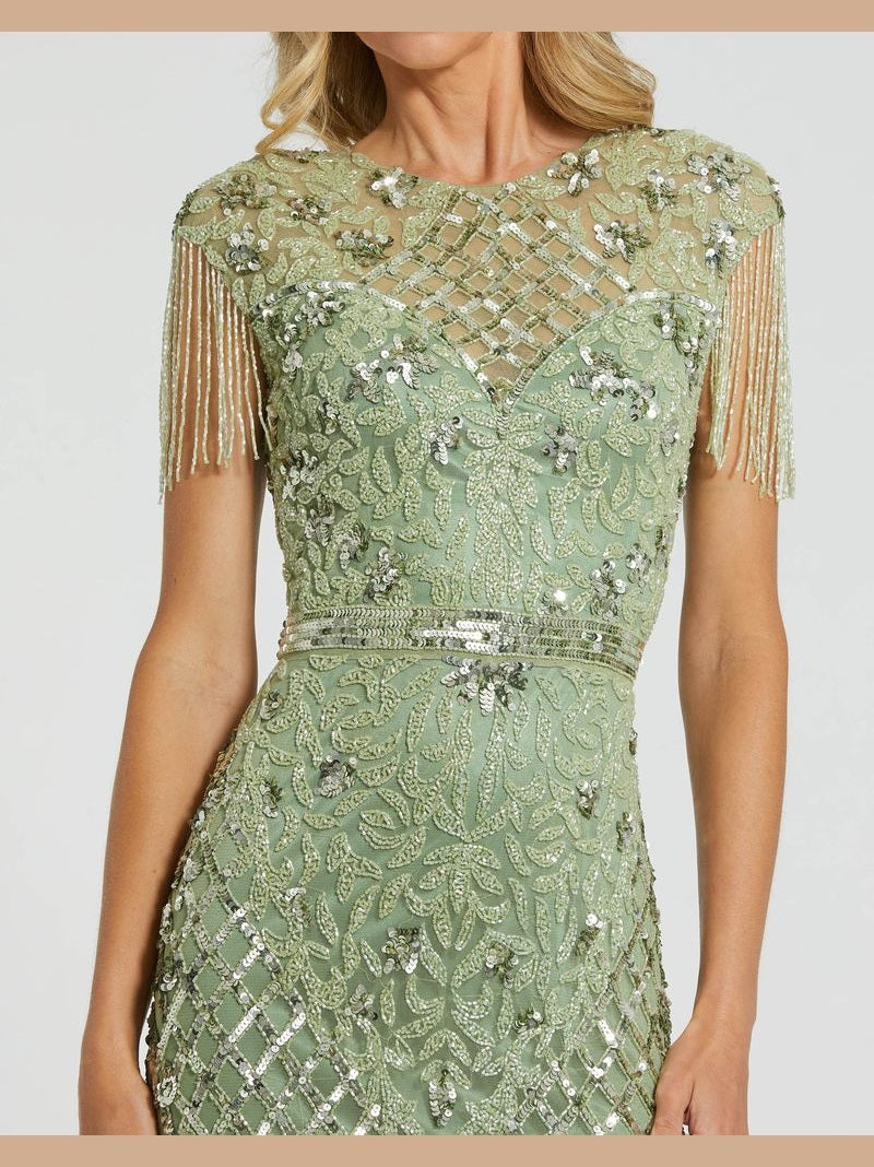 High Neck Sleeveless Beaded Fringe Fitted Gown