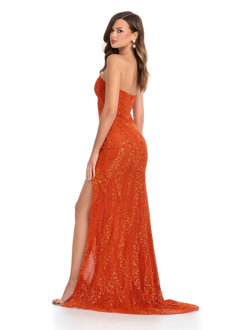 One Shoulder Beaded Gown with Slit