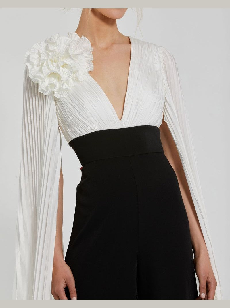 Pleated charmeuse and crepe wide leg jumpsuit