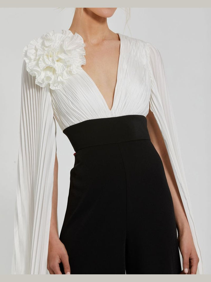 Pleated charmeuse and crepe wide leg jumpsuit