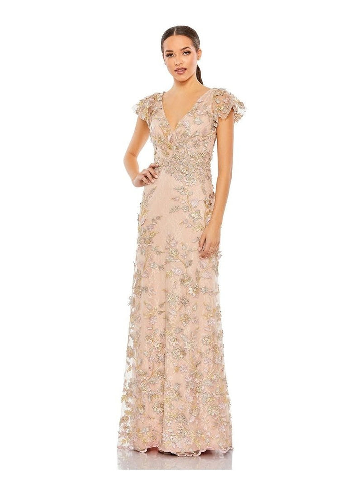 Embroidered Applique Wrap Over Flutter Sleeve Gown