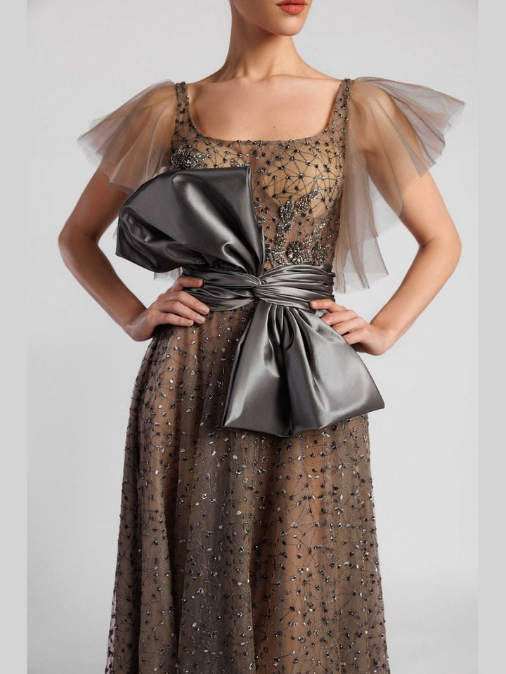 A-Line Evening Dress with Embroidered Bodice and Bow