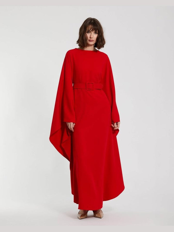 Crepe Boat Neck Caftan Maxi Dress With Belt