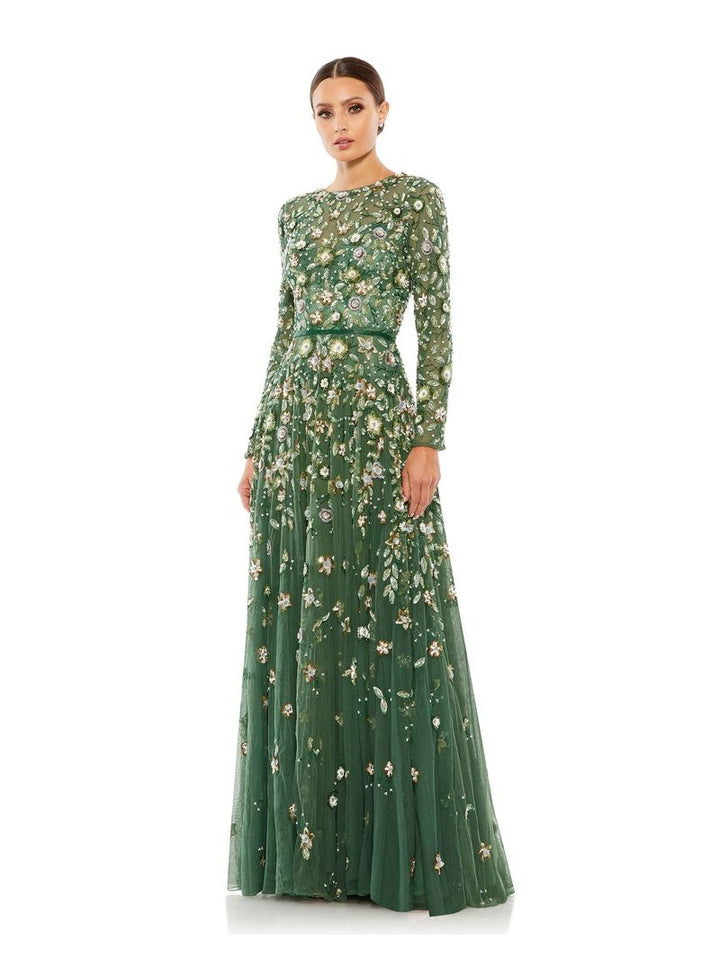 Embellished High Neck Long Sleeve A Line Gown