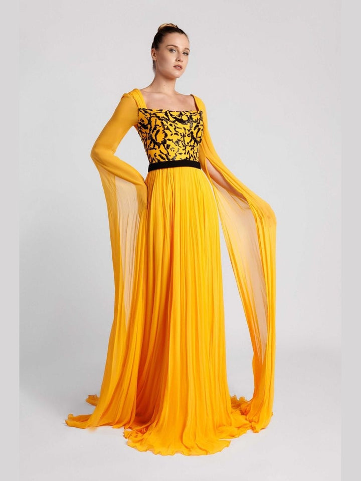 A-Line Evening Dress with Beaded Bodice and Cape Sleeves