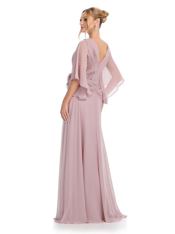 Chiffon Gown with Cape Sleeves & V Neckline