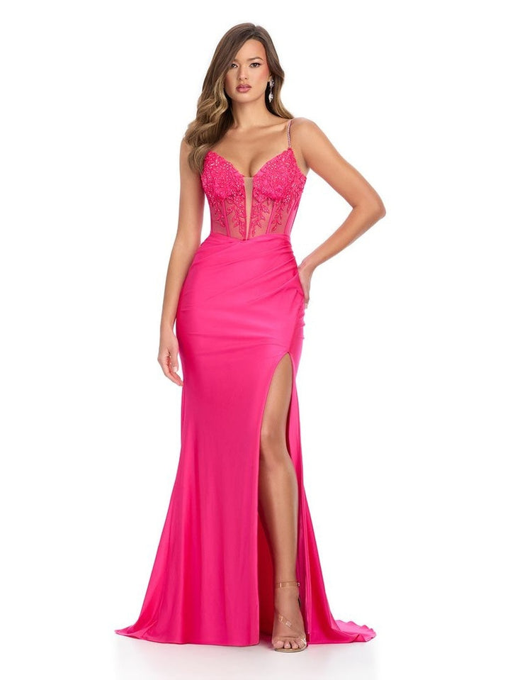 Jersey Gown with Corset Bustier & Floral Applique