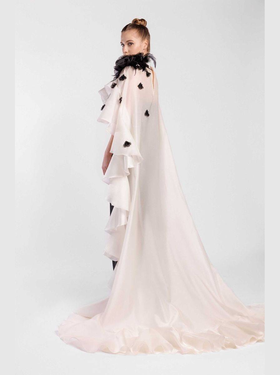 Embroidered Fitted Evening Dress with Cape