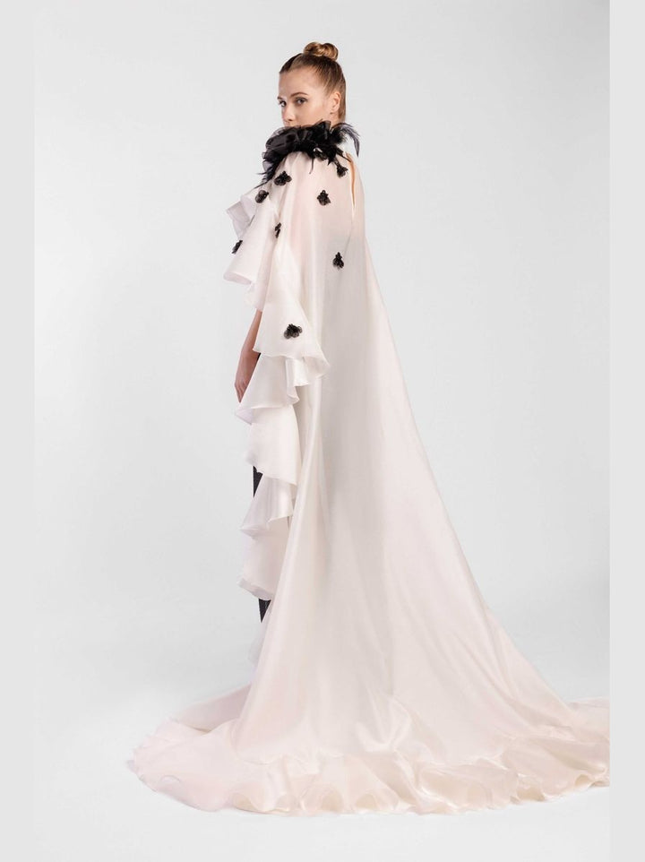 Embroidered Fitted Evening Dress with Cape
