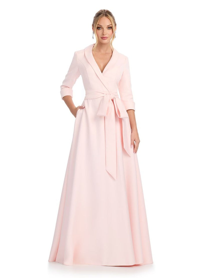 Satin Long Sleeve Gown with Deep V Neckline