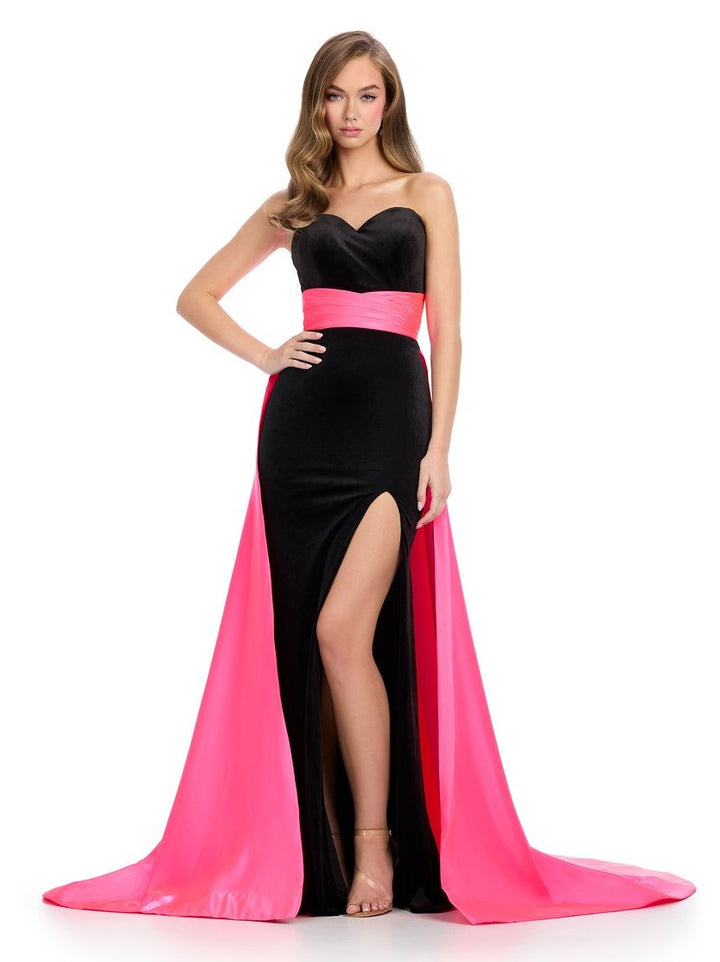 Strapless Velvet Gown with Sweetheart Neckline and Satin Overskirt