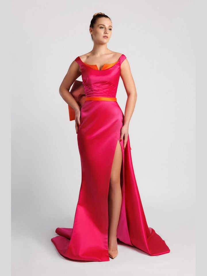 Off-the-Shoulder Evening Dress with Waist Bow and Front Slit