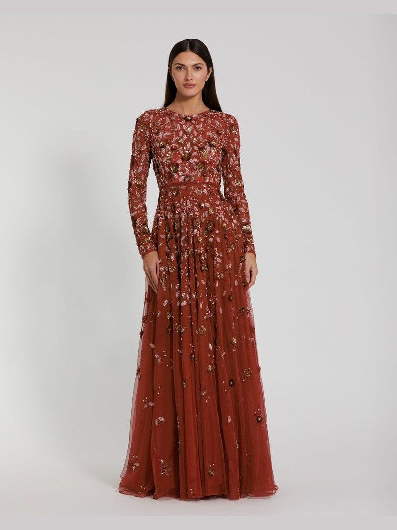 Embellished High Neck Long Sleeve A Line Gown