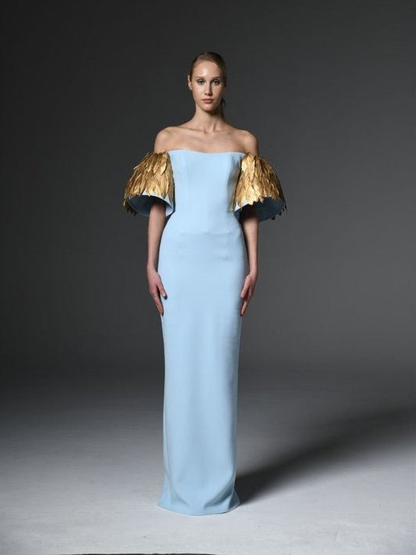Crêpe Gown With Feathers On Sleeves