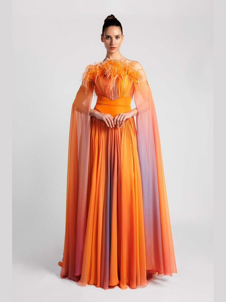 Pleated Off-the-Shoulder Evening Dress with Cape Sleeves and Feathers