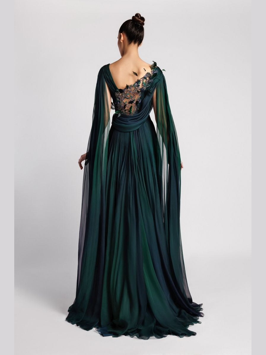 Asymmetric A-Line Dress with Cape Sleeves and Embroidered Tulle Back