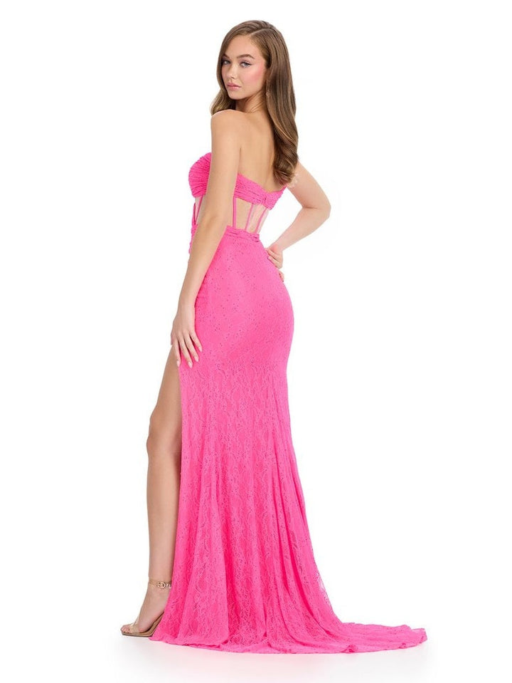 Lace Gown with One Shoulder & Corset Bustier