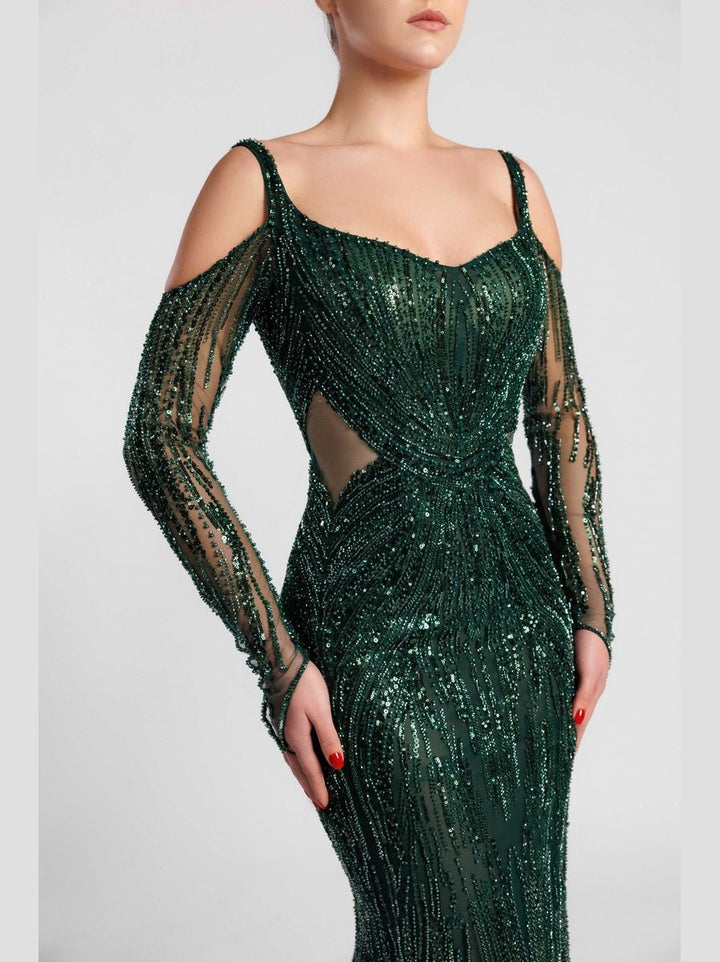 Embroidered Mermaid Dress with Sweetheart Neckline and Cold Shoulders