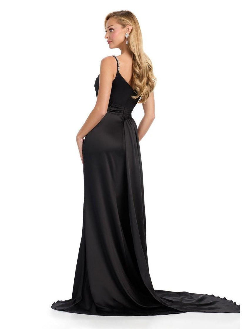 Asymmetrical Satin Gown with Beaded Details