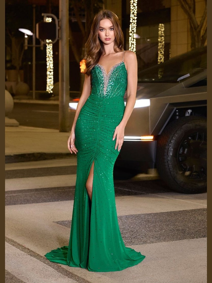Spaghetti Strap Gown with V Neckline & Press On Stones