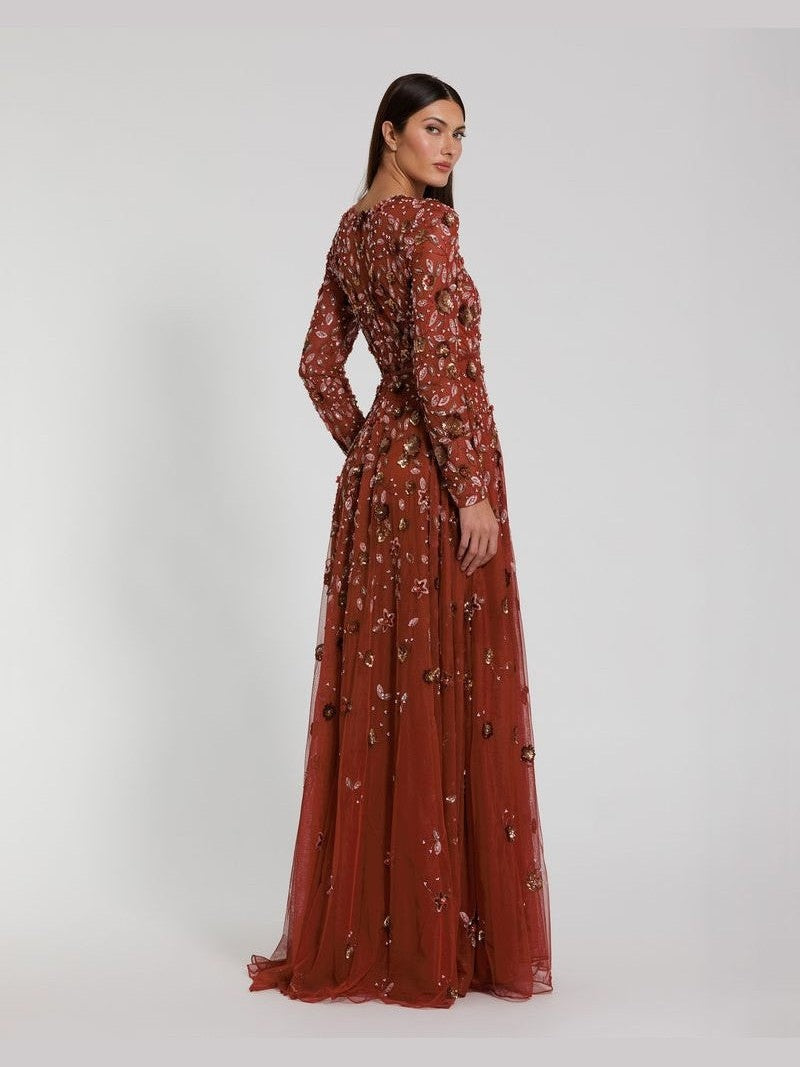 Embellished High Neck Long Sleeve A Line Gown