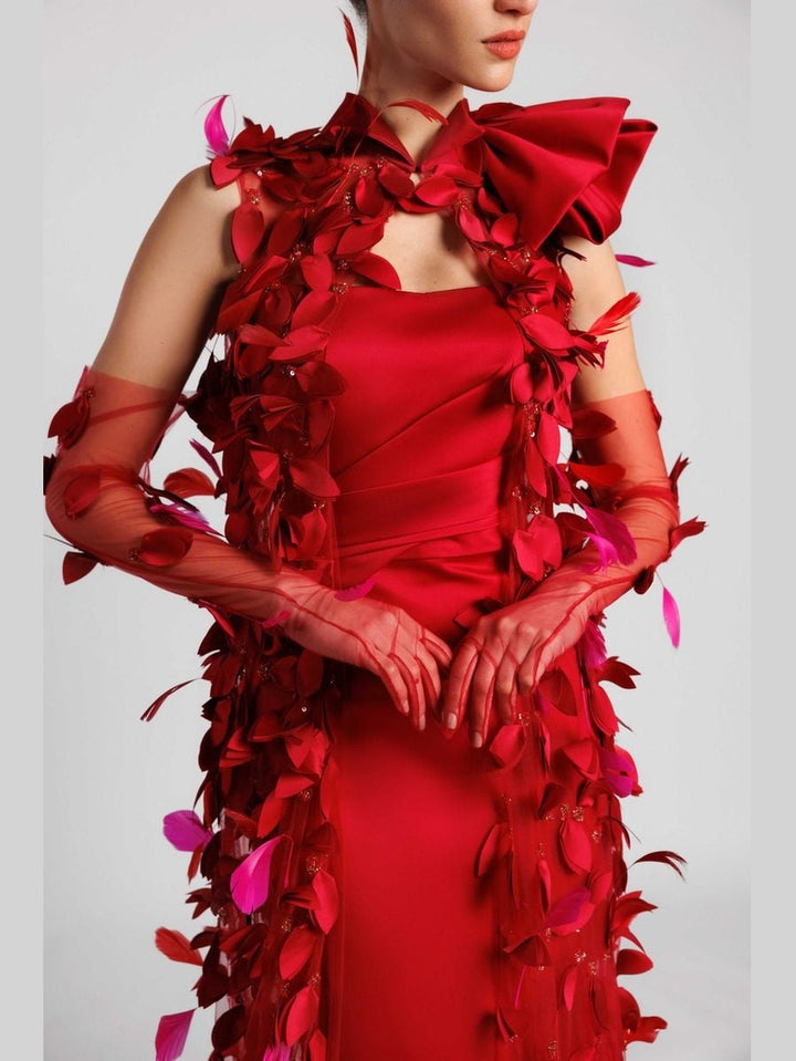 Strapless Mermaid Evening Dress with Draped Petal Kaftan and Tulle Gloves