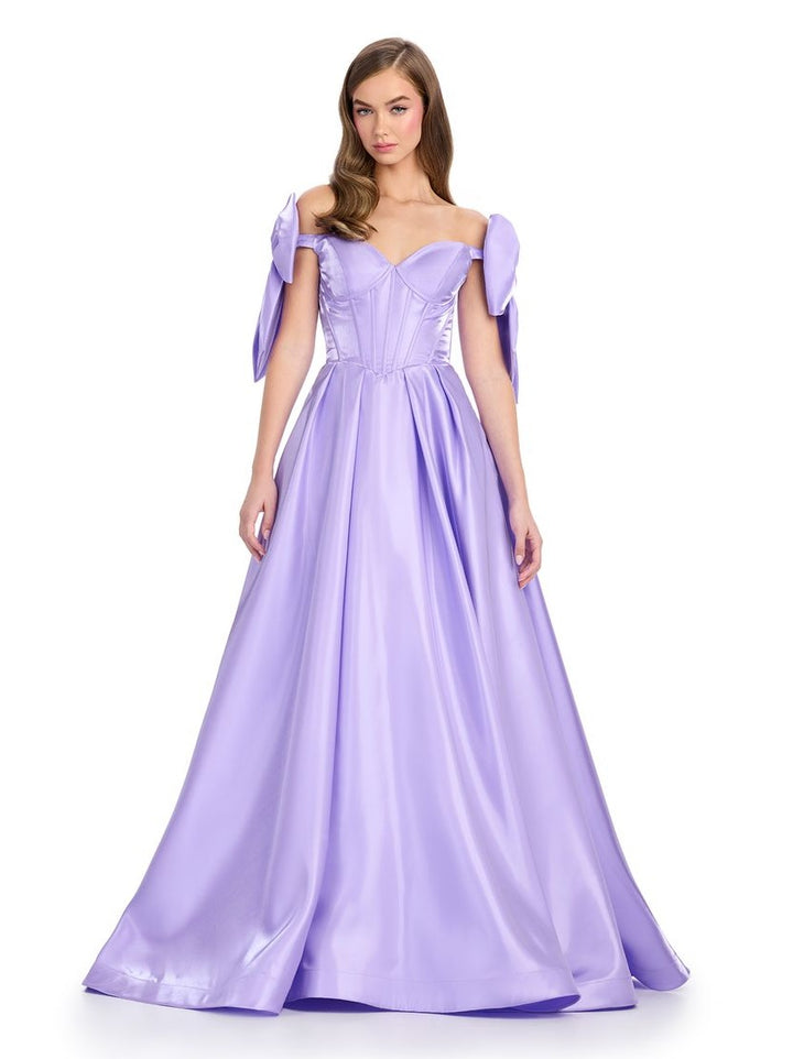 Satin A-Line Gown with Corset Bustier & Off Shoulder Bows
