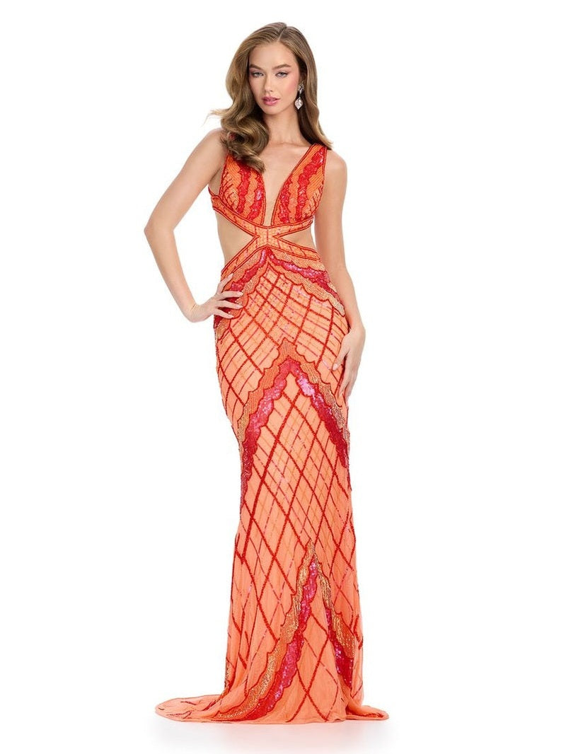 Fully Beaded Gown with V-Neckline & Lace Up Back