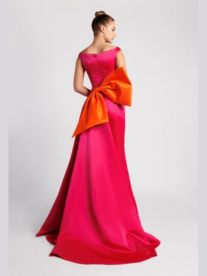 Off-the-Shoulder Evening Dress with Waist Bow and Front Slit