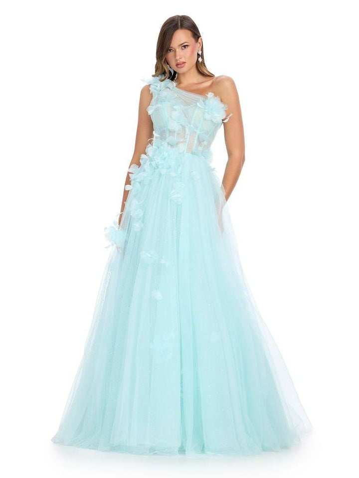 One Shoulder Tulle Ball Gown with Floral Accents