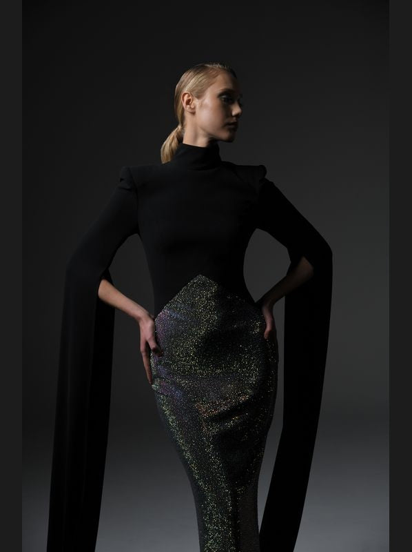 Crystal Studded Dress with Cape Sleeves