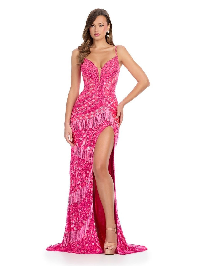 Fully Beaded Gown with V-Neckline & Spaghetti Straps
