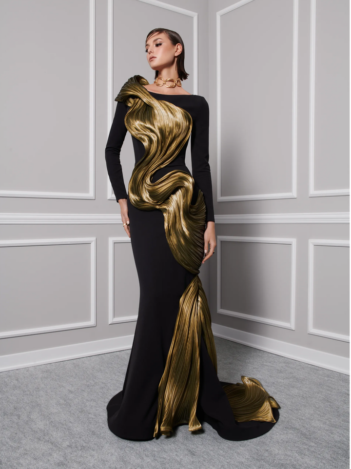 Crepe Mettalic Organza Gown