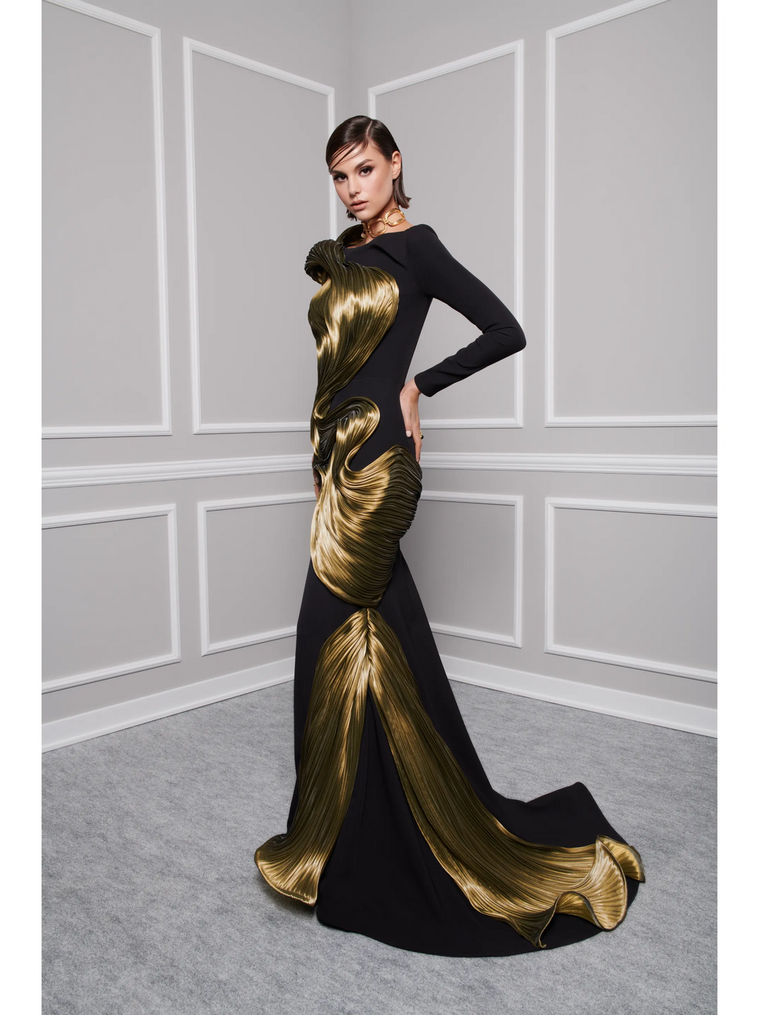 Crepe Mettalic Organza Gown