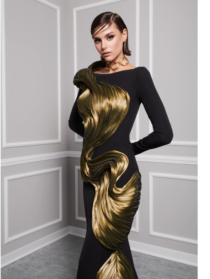 Crepe Mettalic Organza Gown