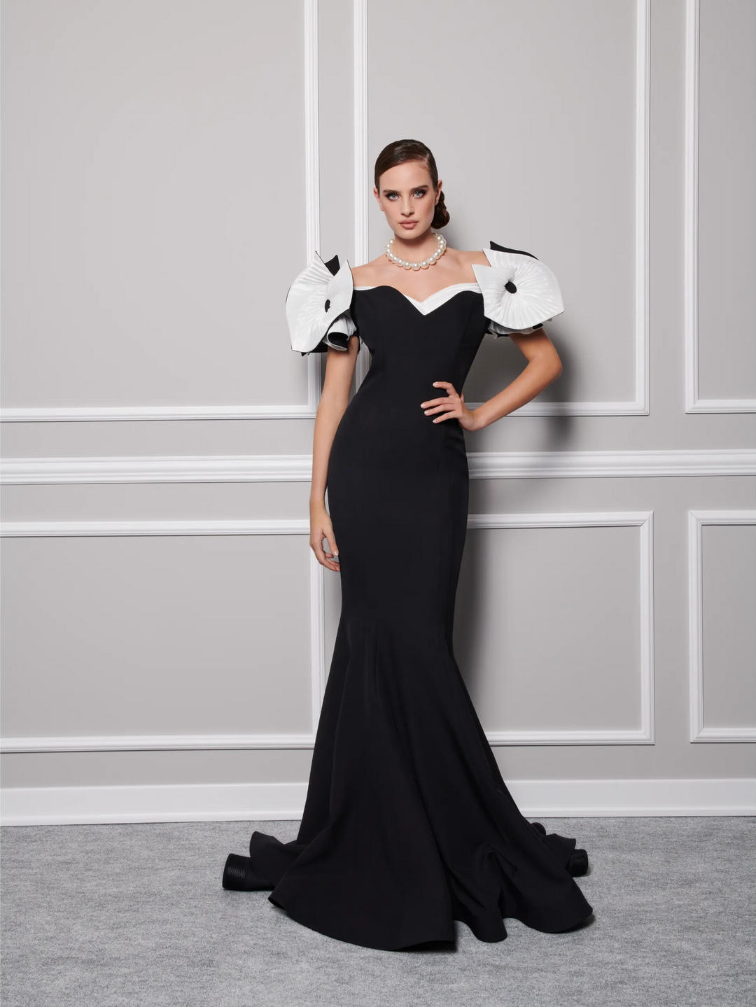 Crepe Gown With Dramatic Off Shoulder Sleeves