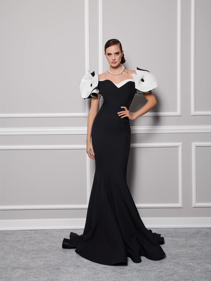 Crepe Gown With Dramatic Off Shoulder Sleeves