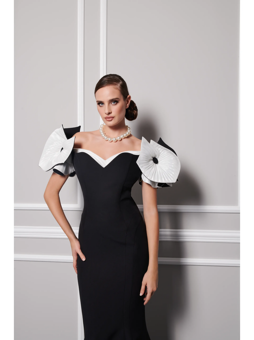 Crepe Gown With Dramatic Off Shoulder Sleeves