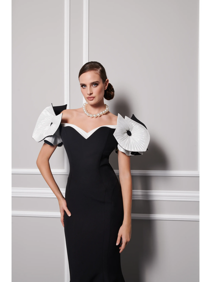 Crepe Gown With Dramatic Off Shoulder Sleeves