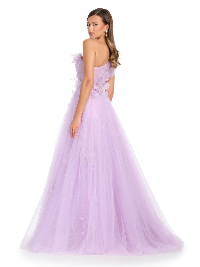 One Shoulder Tulle Ball Gown with Floral Accents