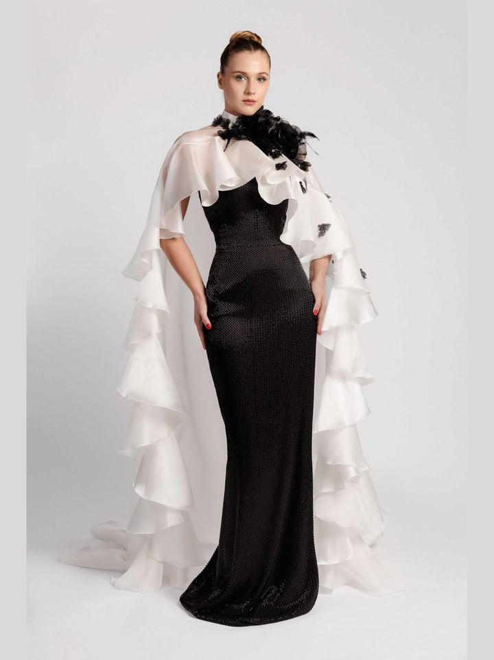 Embroidered Fitted Evening Dress with Cape