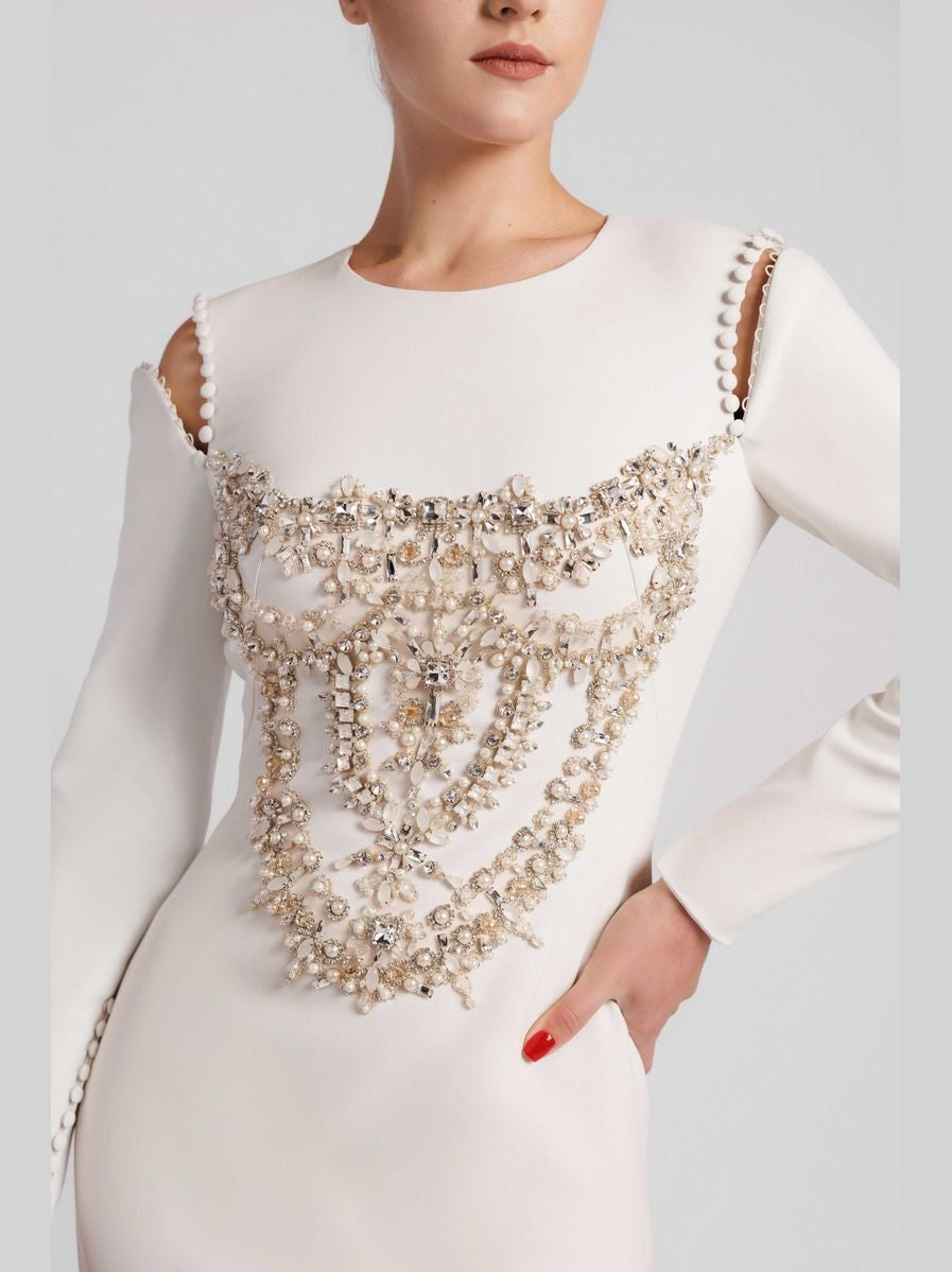 Long-Sleeved Evening Dress with Embellished Bodice, Side Slit Skirt and Overskirt