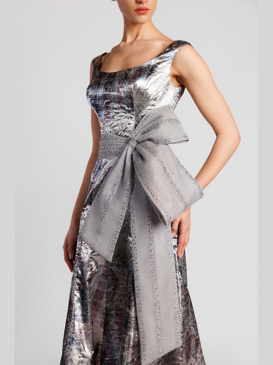 A-Line Evening Dress with Embroidered Waist and Bow