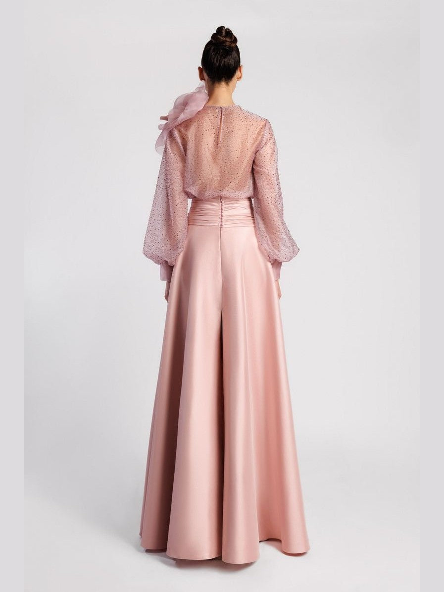 Jewel Neck Blouse with Pleated A-Line Skirt