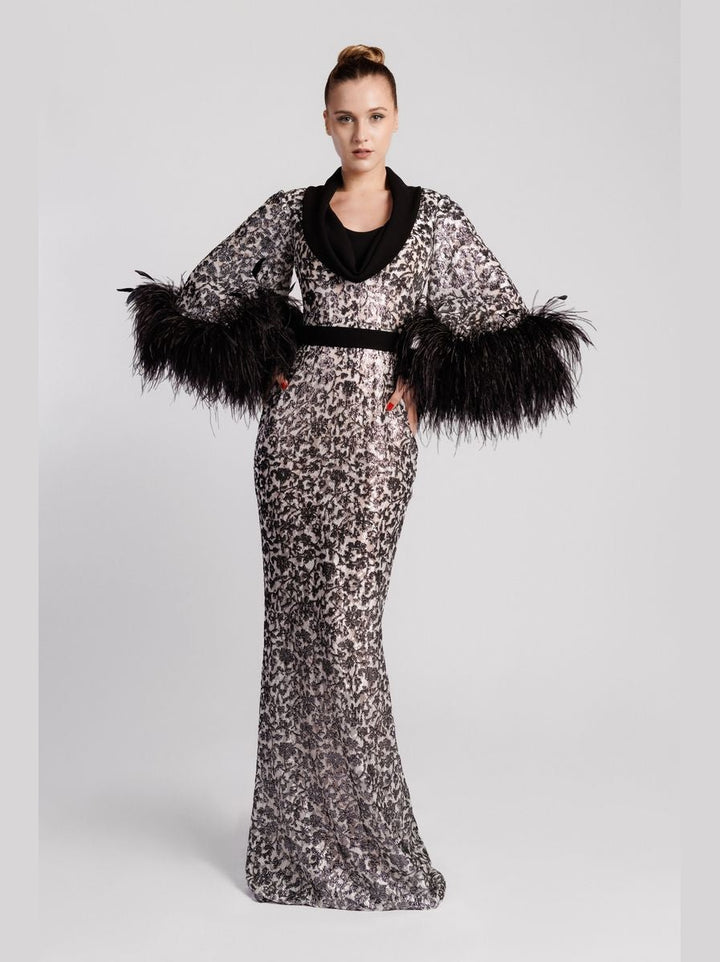 Patterned Evening Dress with Feather Sleeves