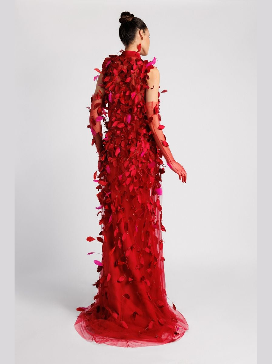 Strapless Mermaid Evening Dress with Draped Petal Kaftan and Tulle Gloves